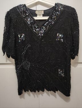 VTG B2 & US By Mark & John Silk Beaded Top XL Black Sequin 80s 90s READ